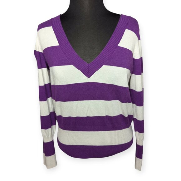 SO Vibrant Purple & White Striped V-Neck Long Sleeve Sweater Juniors Size XL - Picture 1 of 12